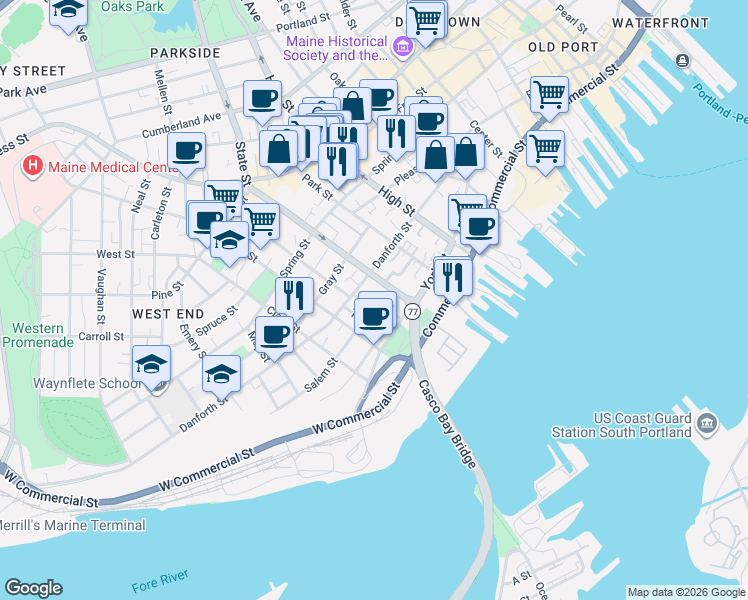 map of restaurants, bars, coffee shops, grocery stores, and more near 62 State Street in Portland