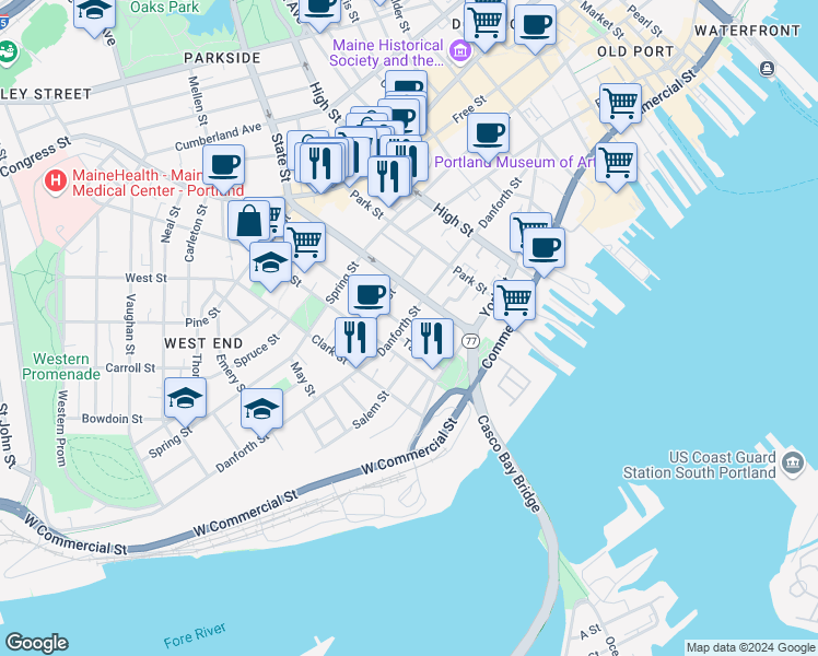 map of restaurants, bars, coffee shops, grocery stores, and more near 15 Winter Street in Portland