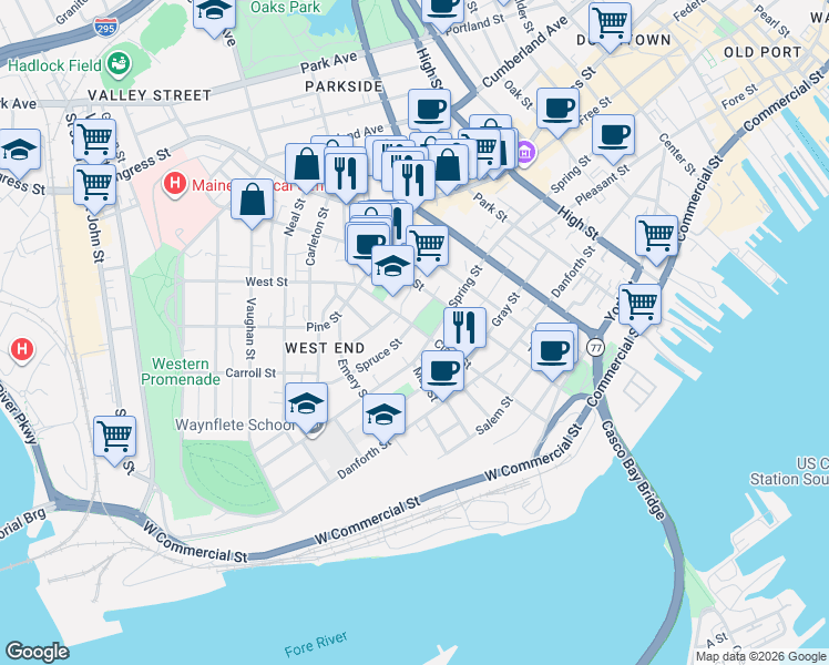 map of restaurants, bars, coffee shops, grocery stores, and more near 162 Clark Street in Portland