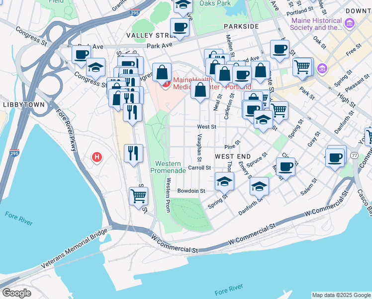 map of restaurants, bars, coffee shops, grocery stores, and more near 88 Chadwick Street in Portland