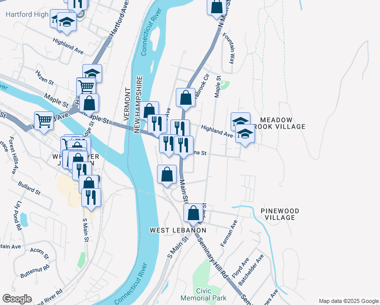 map of restaurants, bars, coffee shops, grocery stores, and more near 4 Prospect Street West in Lebanon