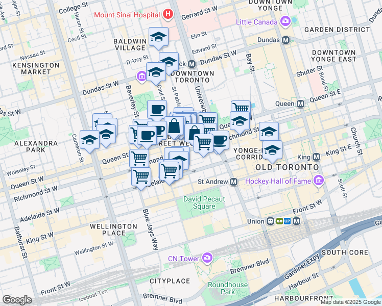 map of restaurants, bars, coffee shops, grocery stores, and more near 199 Richmond Street West in Toronto