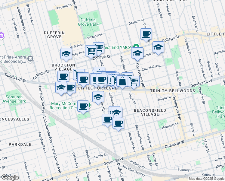 map of restaurants, bars, coffee shops, grocery stores, and more near in Toronto