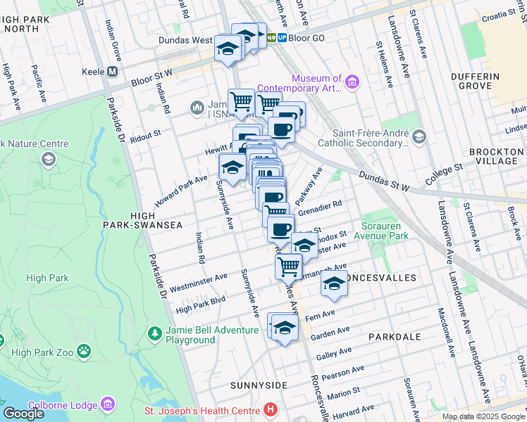 map of restaurants, bars, coffee shops, grocery stores, and more near in Toronto