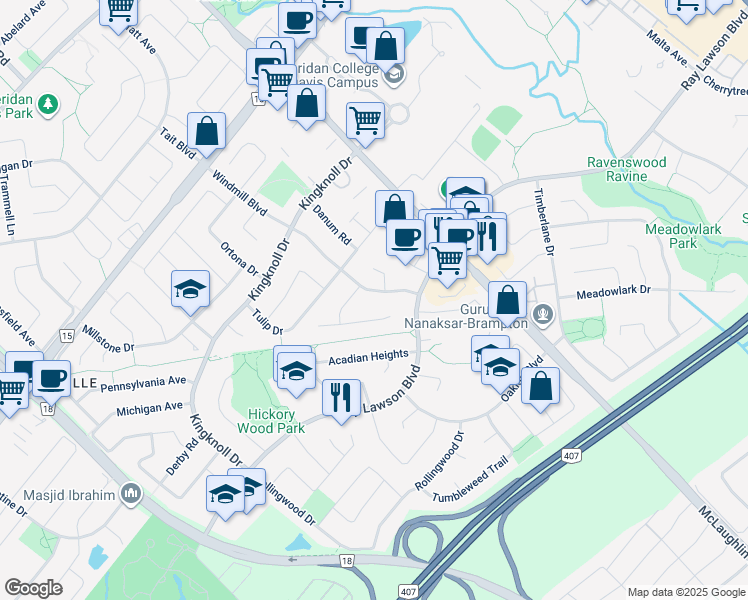 map of restaurants, bars, coffee shops, grocery stores, and more near in Brampton