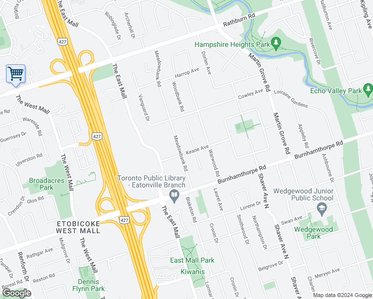 map of restaurants, bars, coffee shops, grocery stores, and more near 46 Keane Avenue in Toronto