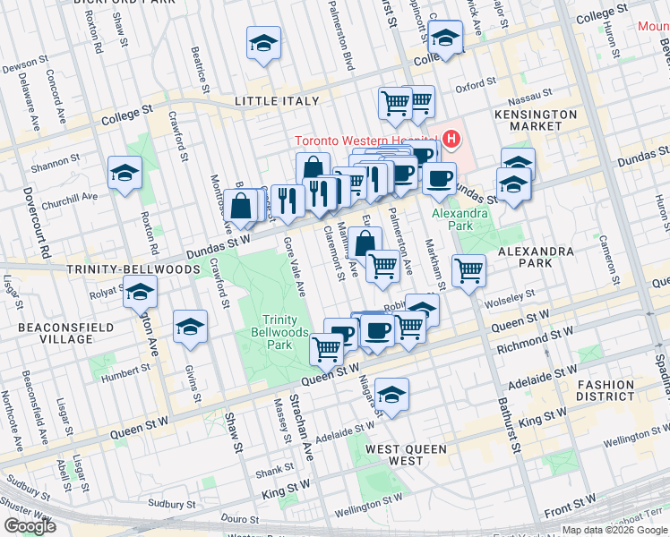 map of restaurants, bars, coffee shops, grocery stores, and more near 112 Claremont Street in Toronto