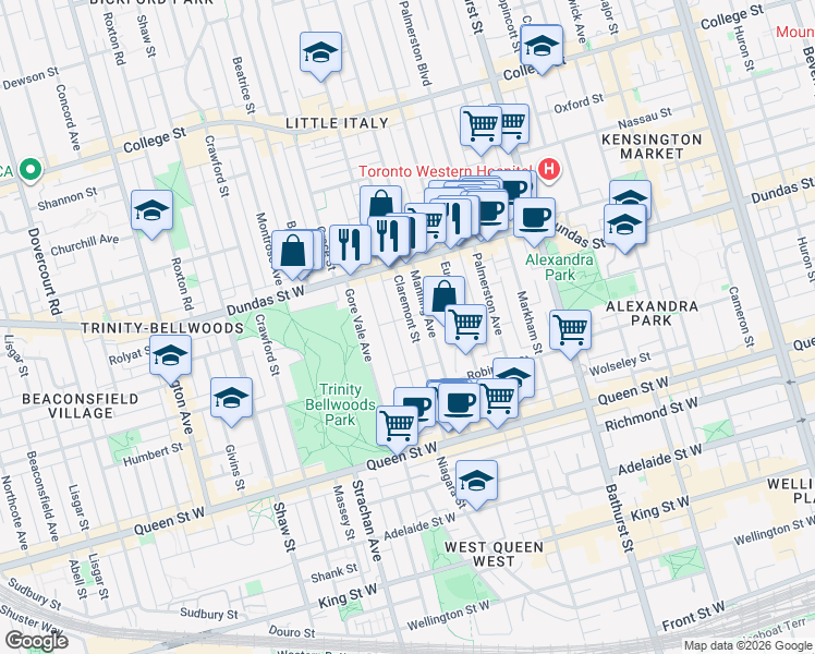map of restaurants, bars, coffee shops, grocery stores, and more near 112 Claremont Street in Toronto
