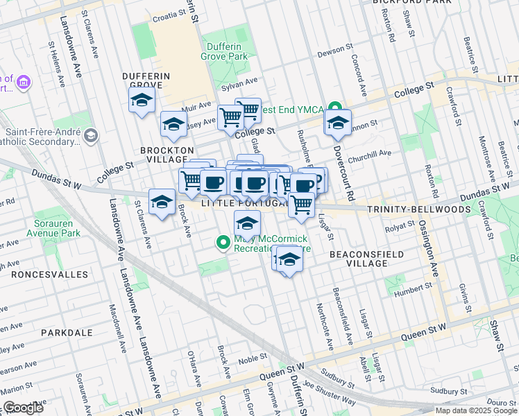 map of restaurants, bars, coffee shops, grocery stores, and more near in Toronto