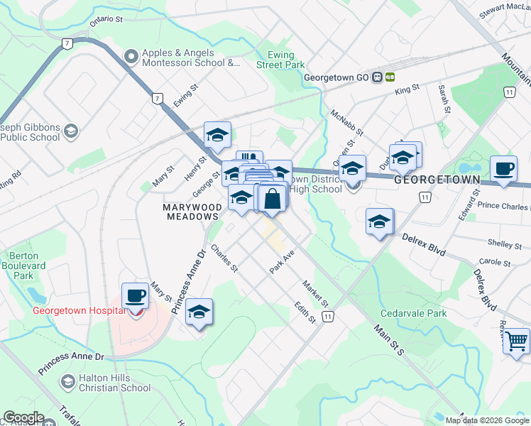 map of restaurants, bars, coffee shops, grocery stores, and more near Main St S & Mill St in Halton Hills