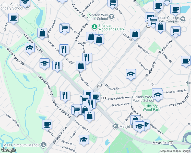 map of restaurants, bars, coffee shops, grocery stores, and more near 22 Beaconsfield Avenue in Brampton