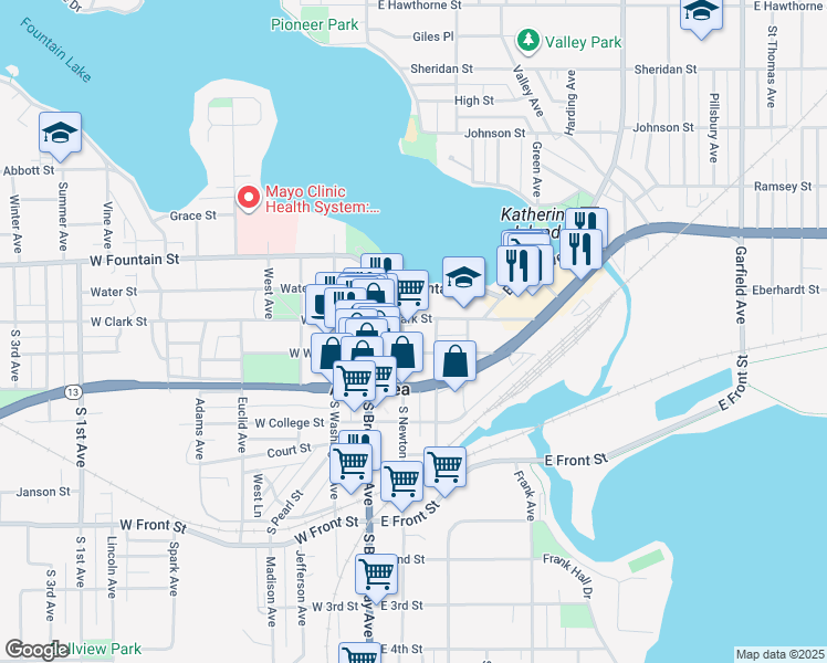 map of restaurants, bars, coffee shops, grocery stores, and more near 137 East Clark Street in Albert Lea