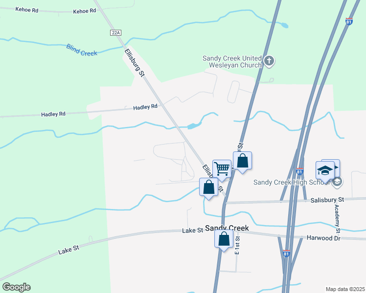 map of restaurants, bars, coffee shops, grocery stores, and more near 9261 Ellisburg Street in Sandy Creek