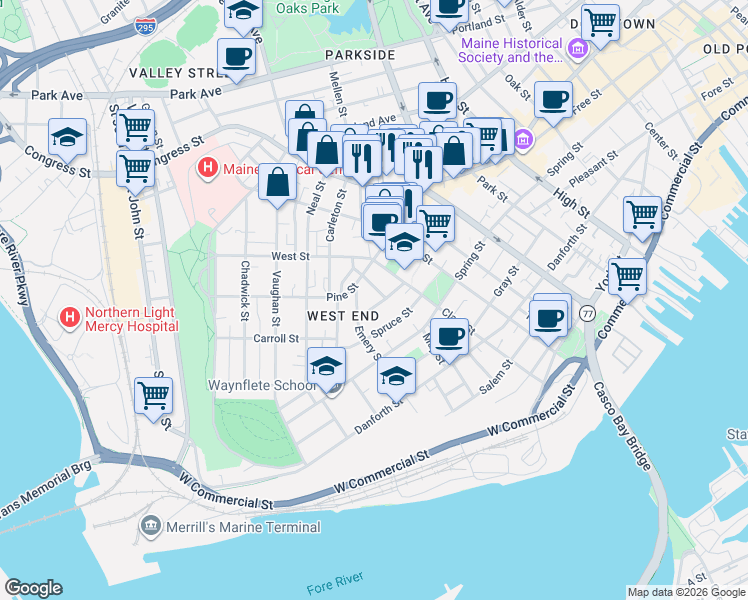 map of restaurants, bars, coffee shops, grocery stores, and more near 15 Lewis Street in Portland