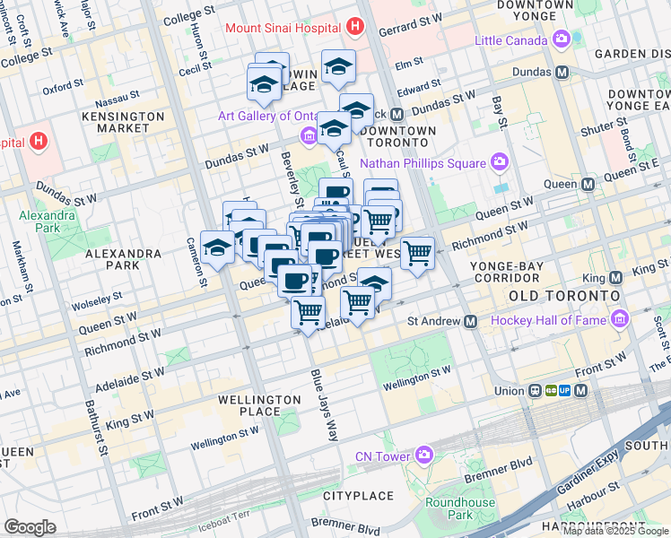 map of restaurants, bars, coffee shops, grocery stores, and more near in Toronto