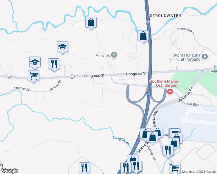 map of restaurants, bars, coffee shops, grocery stores, and more near 2360 Congress Street in Portland