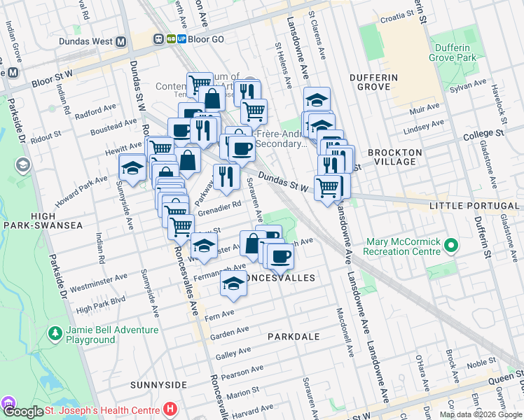 map of restaurants, bars, coffee shops, grocery stores, and more near 347 Sorauren Avenue in Toronto