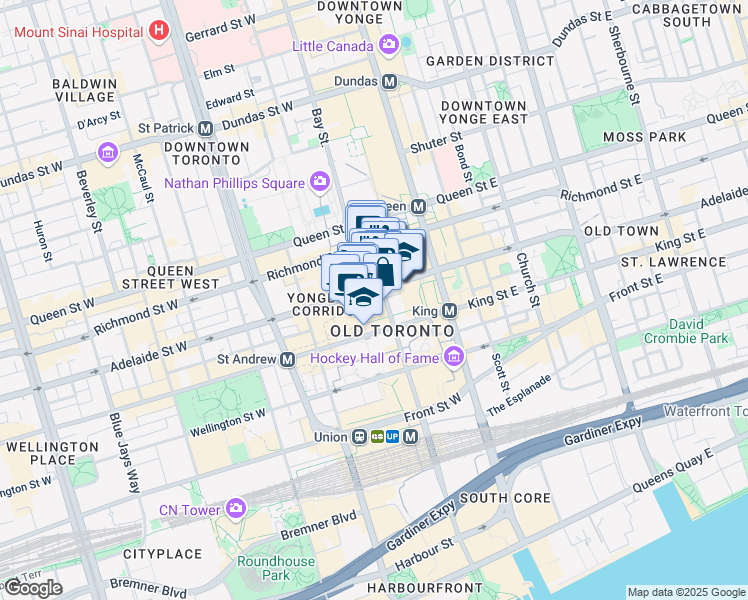 map of restaurants, bars, coffee shops, grocery stores, and more near 320 Bay Street in Toronto