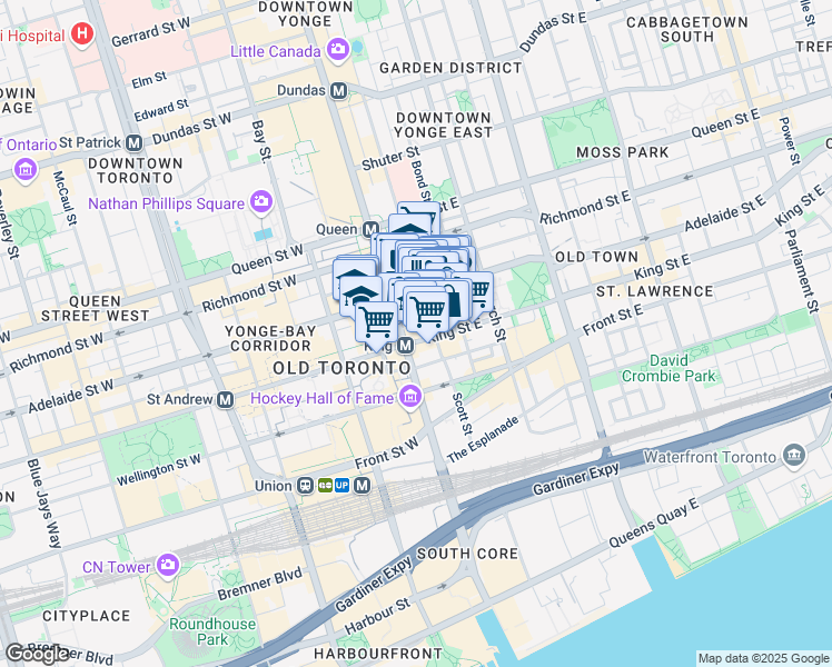 map of restaurants, bars, coffee shops, grocery stores, and more near in Toronto