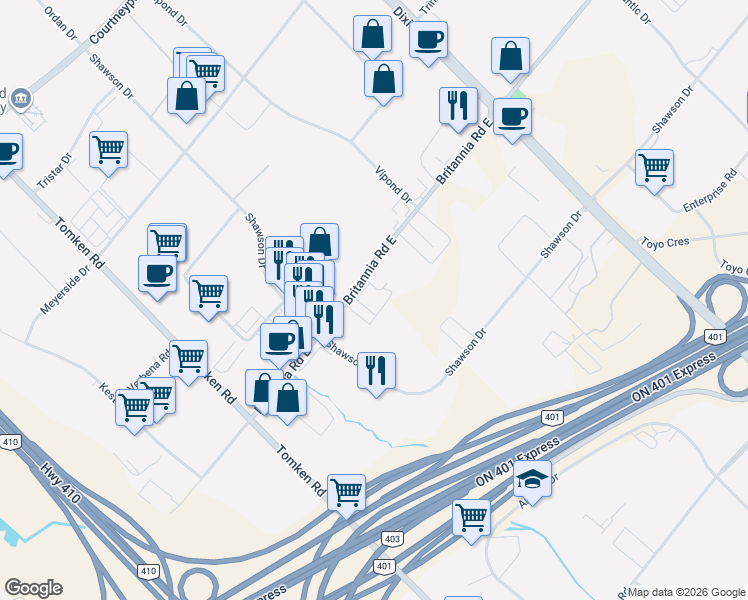 map of restaurants, bars, coffee shops, grocery stores, and more near 1200 Britannia Road East in Mississauga