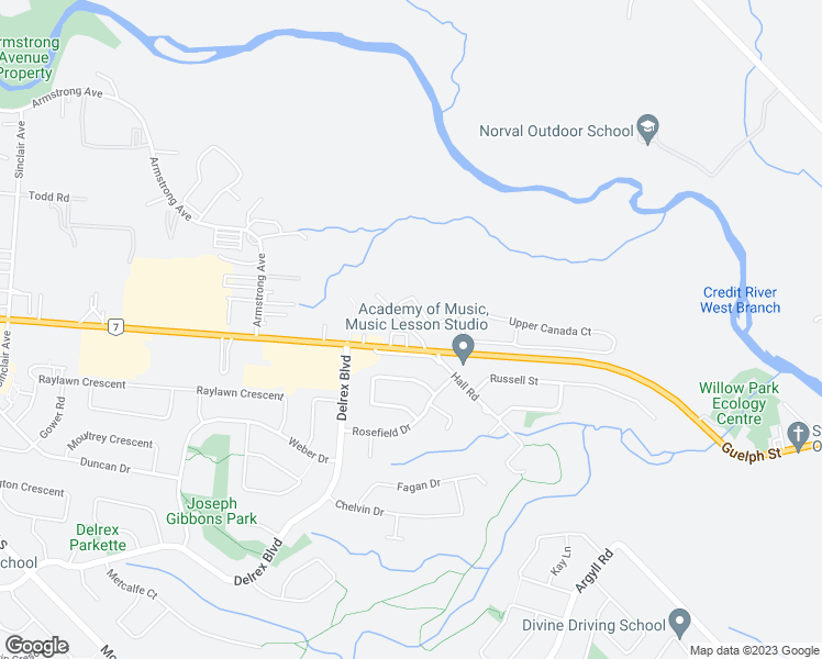 map of restaurants, bars, coffee shops, grocery stores, and more near McFarlane Drive in Halton Hills