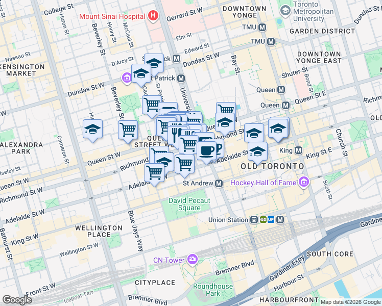map of restaurants, bars, coffee shops, grocery stores, and more near in Toronto