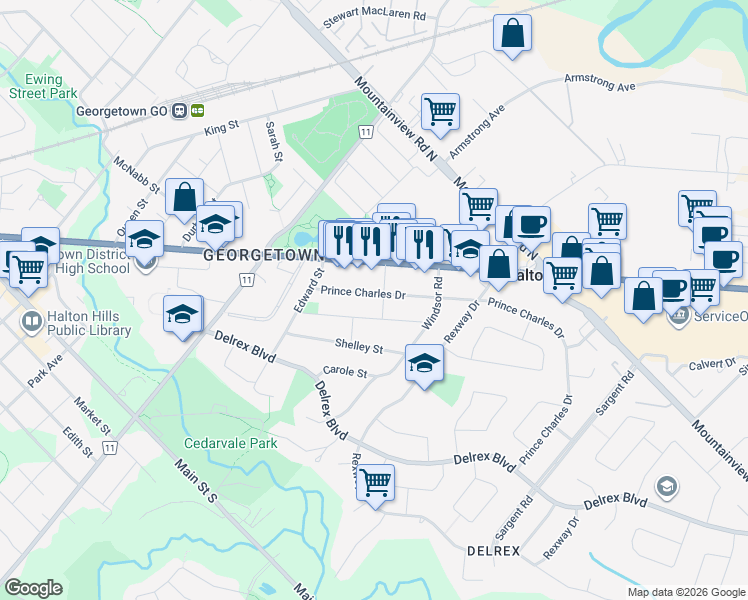 map of restaurants, bars, coffee shops, grocery stores, and more near in Halton Hills