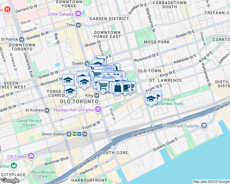 map of restaurants, bars, coffee shops, grocery stores, and more near 55 Adelaide Street East in Toronto