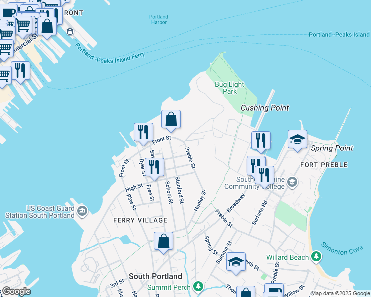 map of restaurants, bars, coffee shops, grocery stores, and more near 169 Front Street in South Portland