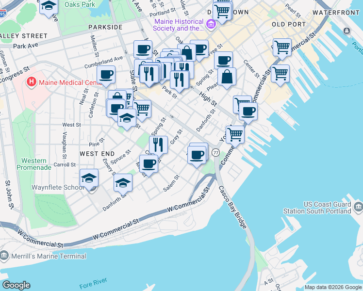 map of restaurants, bars, coffee shops, grocery stores, and more near 15 Winter Street in Portland