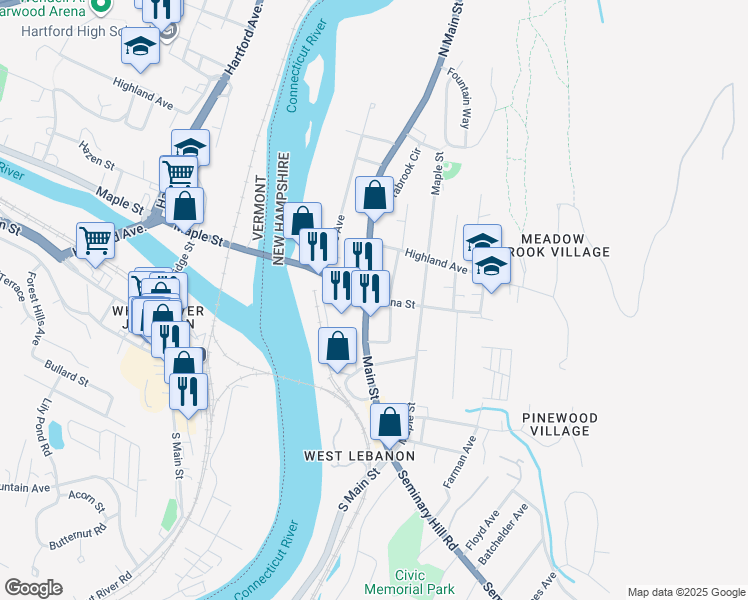 map of restaurants, bars, coffee shops, grocery stores, and more near 99 North Main Street in Lebanon