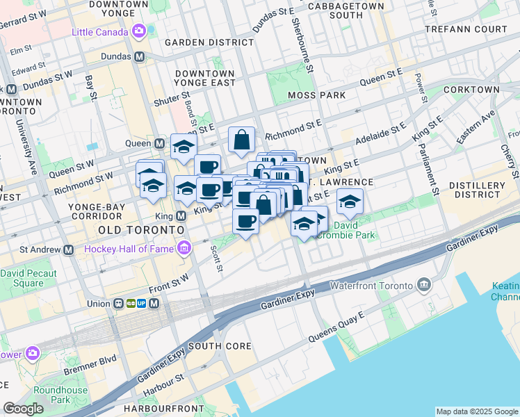 map of restaurants, bars, coffee shops, grocery stores, and more near 80 Front Street East in Toronto