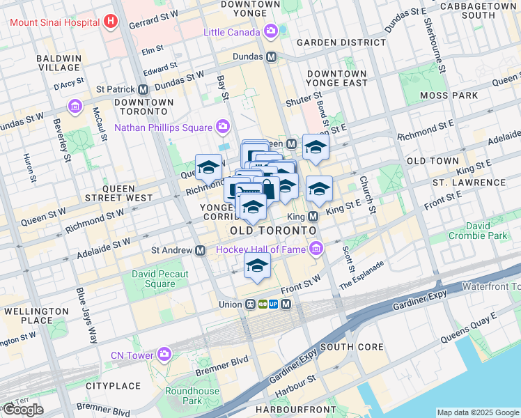 map of restaurants, bars, coffee shops, grocery stores, and more near 357 Bay Street in Toronto