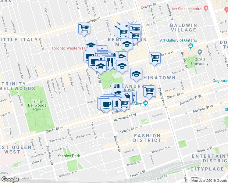 map of restaurants, bars, coffee shops, grocery stores, and more near 68 Carr Street in Toronto