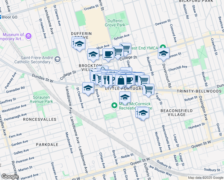 map of restaurants, bars, coffee shops, grocery stores, and more near 1512 Boland Lane in Toronto