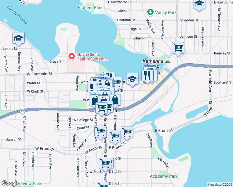 map of restaurants, bars, coffee shops, grocery stores, and more near 137 East Clark Street in Albert Lea