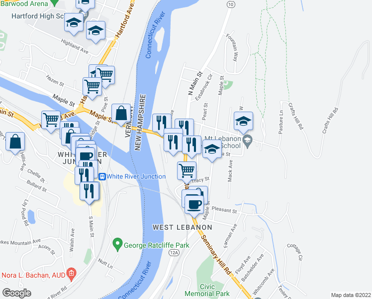 map of restaurants, bars, coffee shops, grocery stores, and more near 2 Dana Street in Lebanon