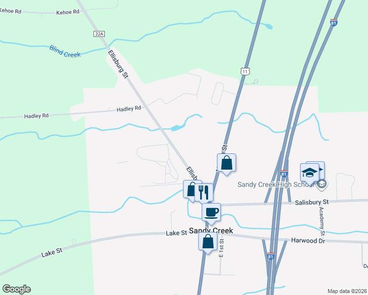 map of restaurants, bars, coffee shops, grocery stores, and more near 294 Ellisburg Street in Sandy Creek