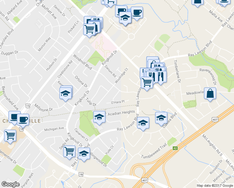map of restaurants, bars, coffee shops, grocery stores, and more near 5 Scarlett Drive in Brampton