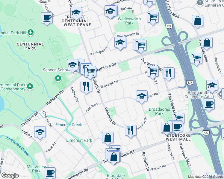 map of restaurants, bars, coffee shops, grocery stores, and more near 14 Monet Avenue in Toronto
