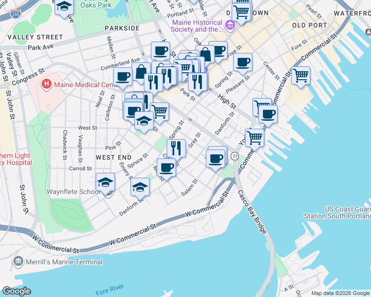 map of restaurants, bars, coffee shops, grocery stores, and more near 113 Brackett Street in Portland