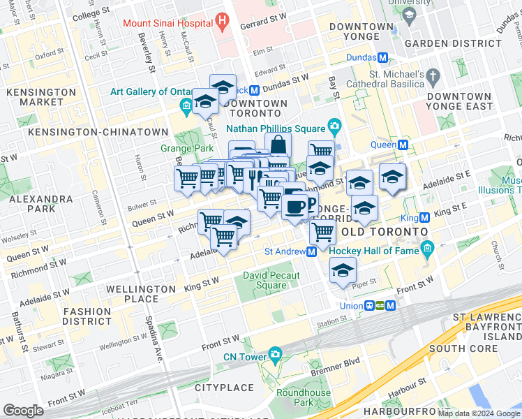 map of restaurants, bars, coffee shops, grocery stores, and more near 199 Richmond Street West in Toronto
