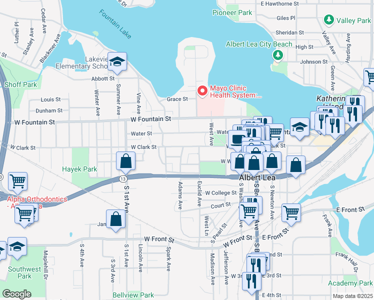 map of restaurants, bars, coffee shops, grocery stores, and more near 525 West Clark Street in Albert Lea