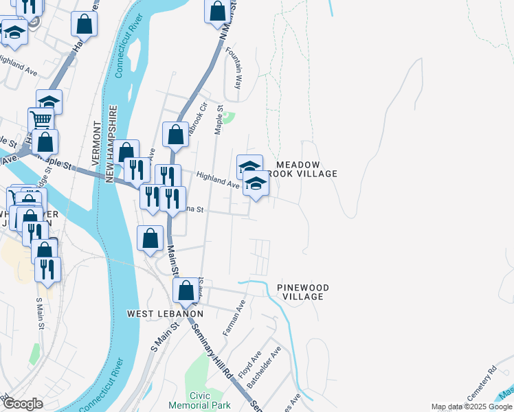 map of restaurants, bars, coffee shops, grocery stores, and more near 5 White Avenue in Lebanon