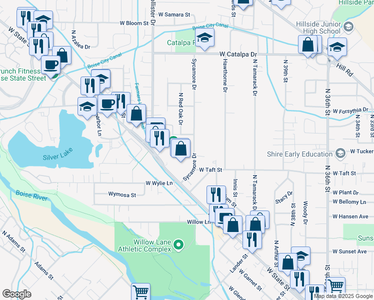 map of restaurants, bars, coffee shops, grocery stores, and more near 3115 Sycamore Drive in Boise