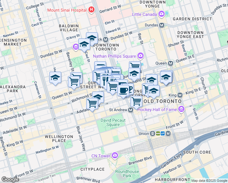 map of restaurants, bars, coffee shops, grocery stores, and more near 140 Simcoe Street in Toronto