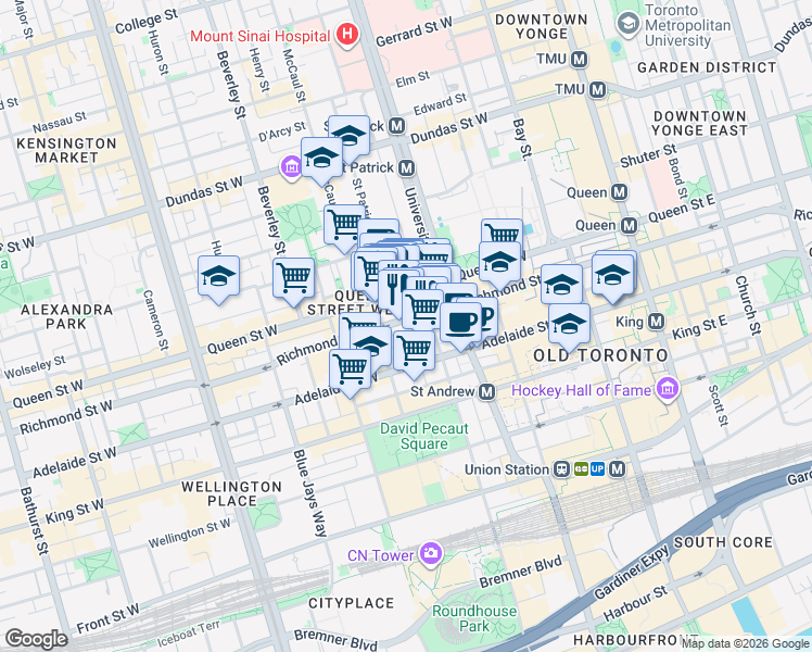 map of restaurants, bars, coffee shops, grocery stores, and more near 199 Richmond Street West in Toronto