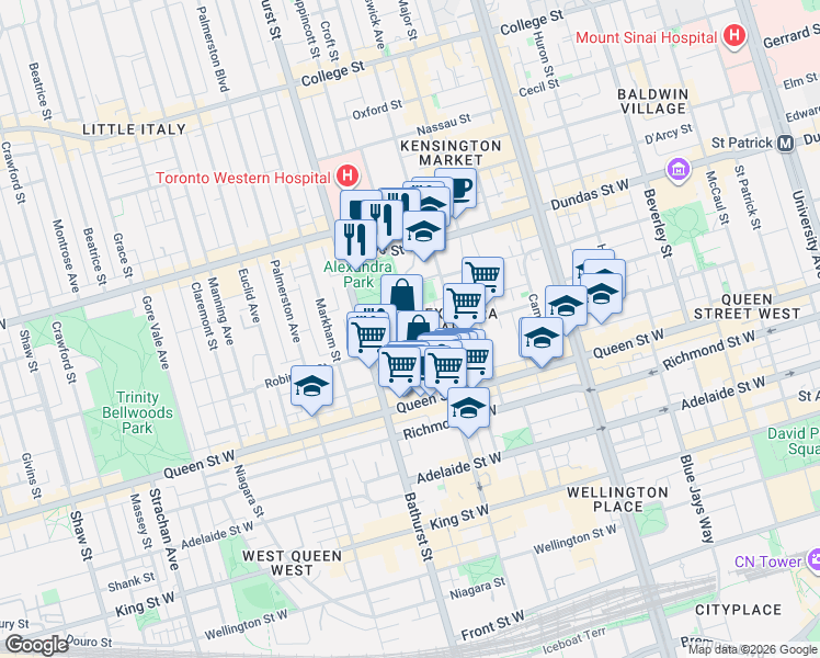 map of restaurants, bars, coffee shops, grocery stores, and more near 48 Carr Street in Toronto