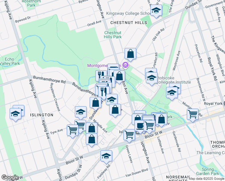 map of restaurants, bars, coffee shops, grocery stores, and more near 4875 Dundas Street West in Toronto