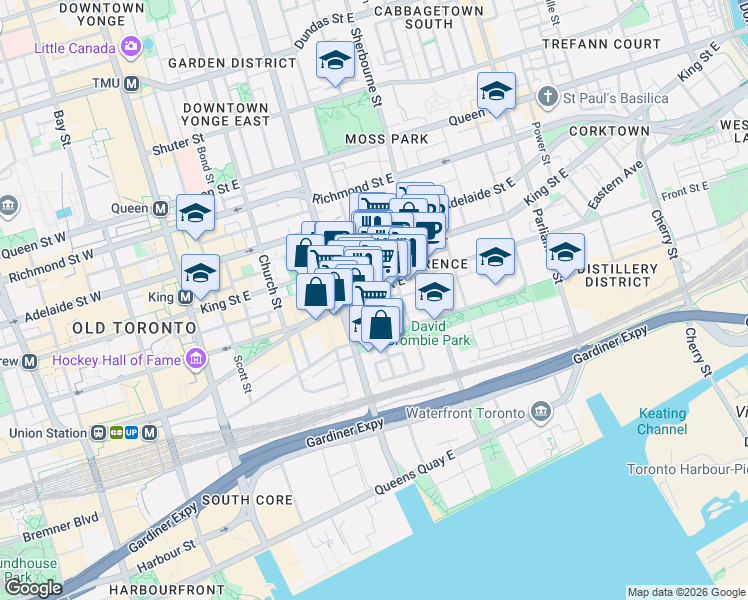 map of restaurants, bars, coffee shops, grocery stores, and more near 135 George Street South in Toronto